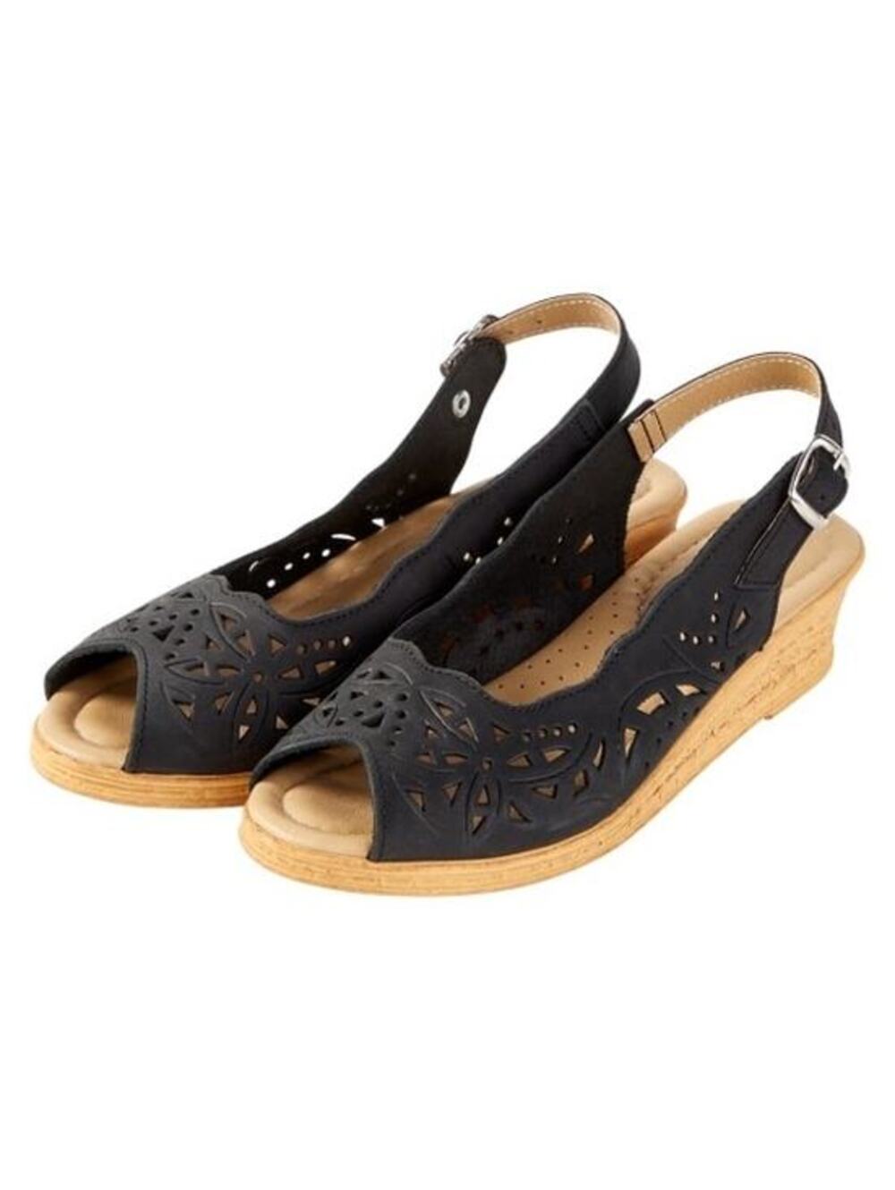Spring Step black Leather Slingback Wedge Sandals decorative cut outs size 40/ 9